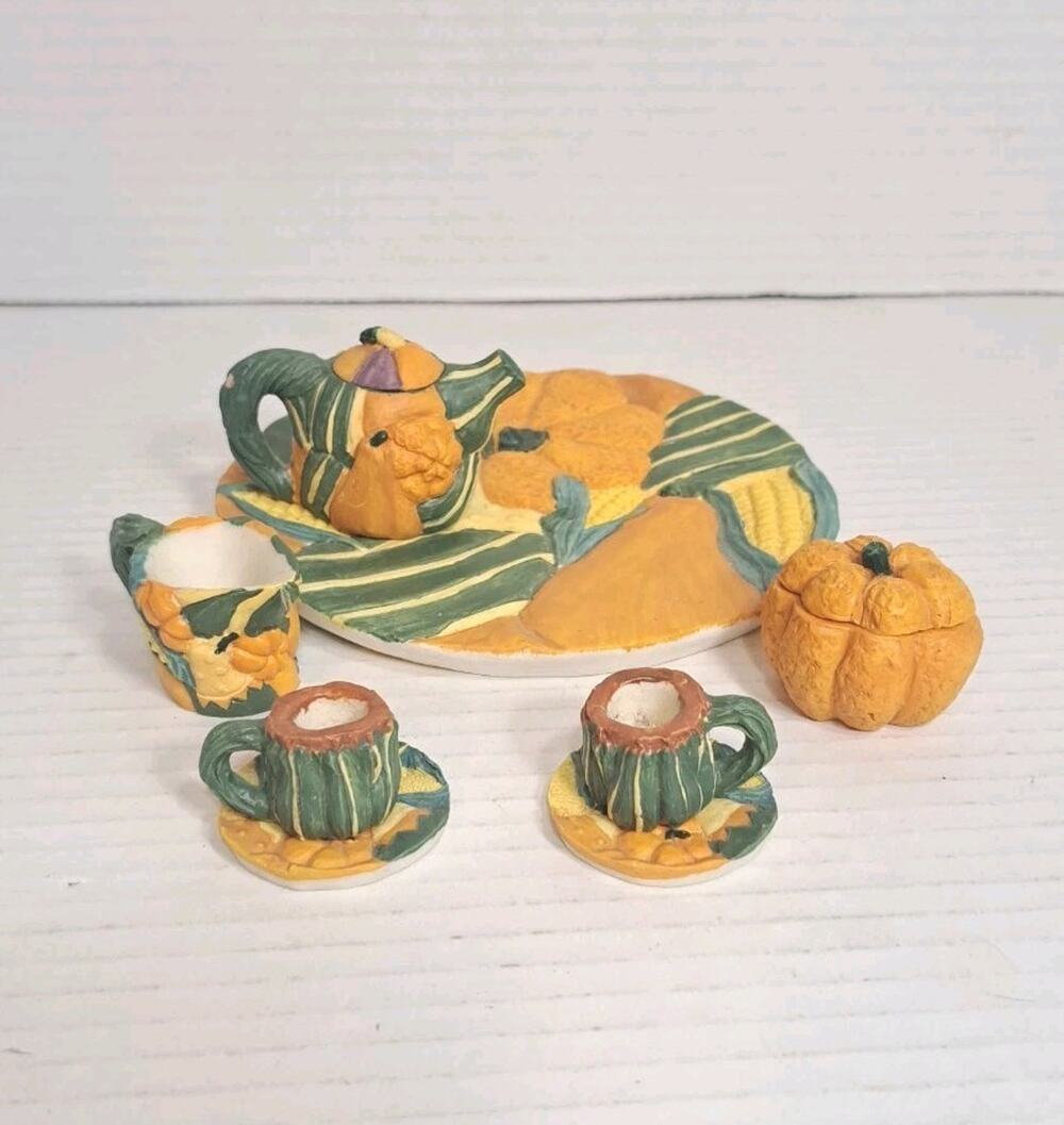Young’s Inc Mini Pumpkin Fall Tea Set Ceramic Cups Teapot Plate Cream Sugar Jar